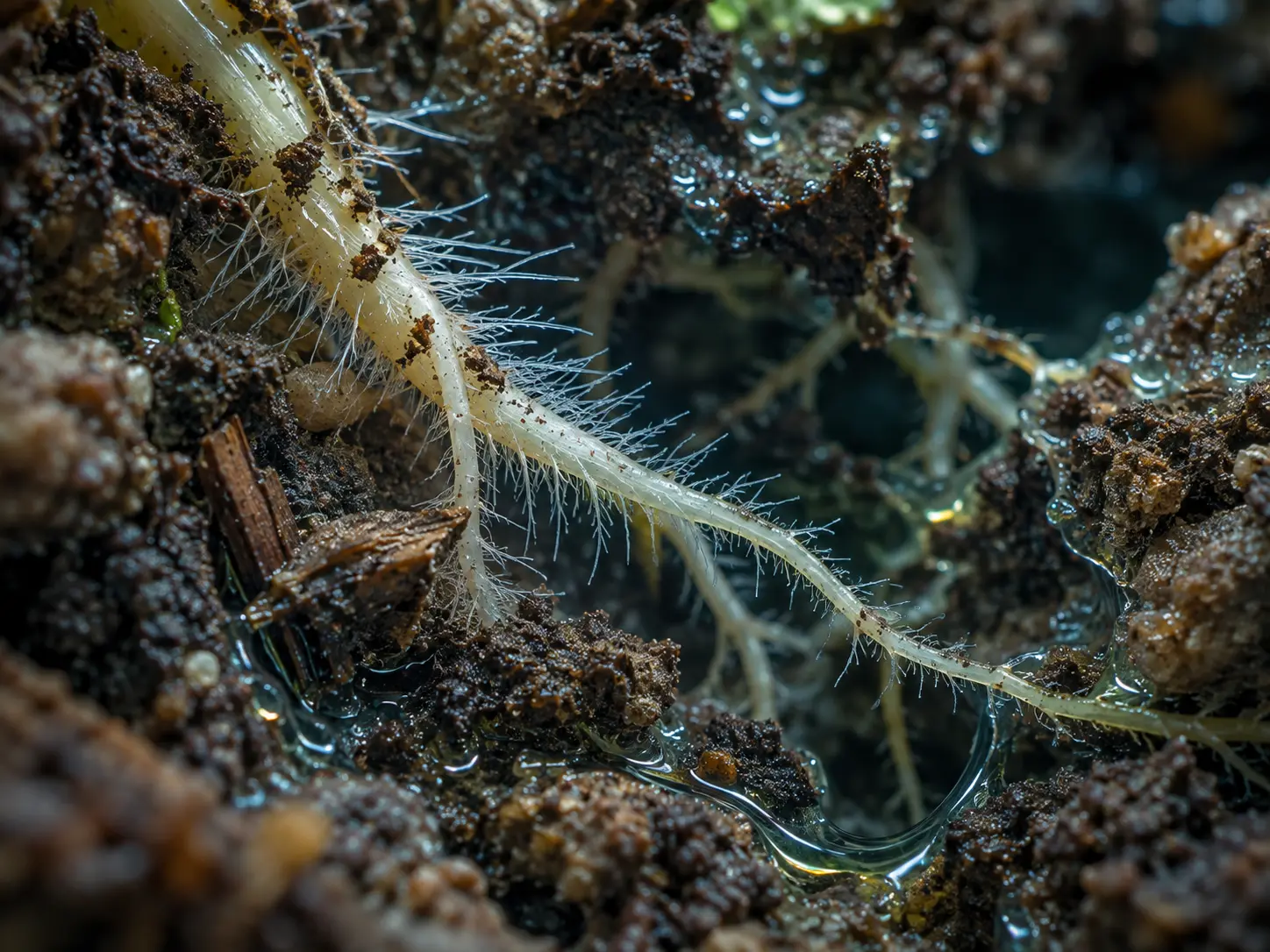 Fine crop roots and root hairs interacting with structured soil in the rhizosphere
