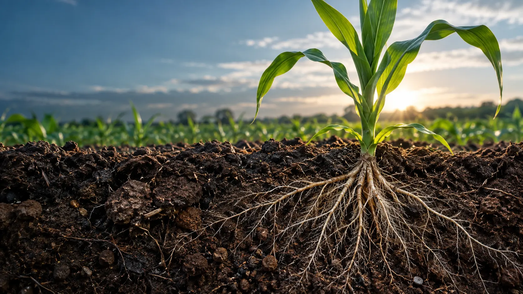 Young maize crop shown continuously above and below structured agricultural soil