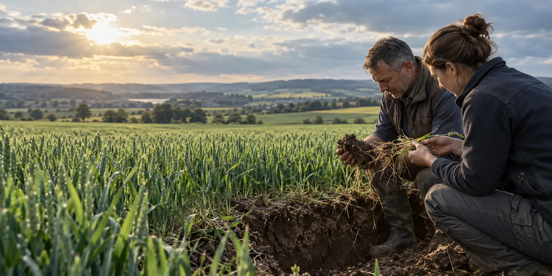 Agronomist and grower examining soil and crop roots in a cereal field