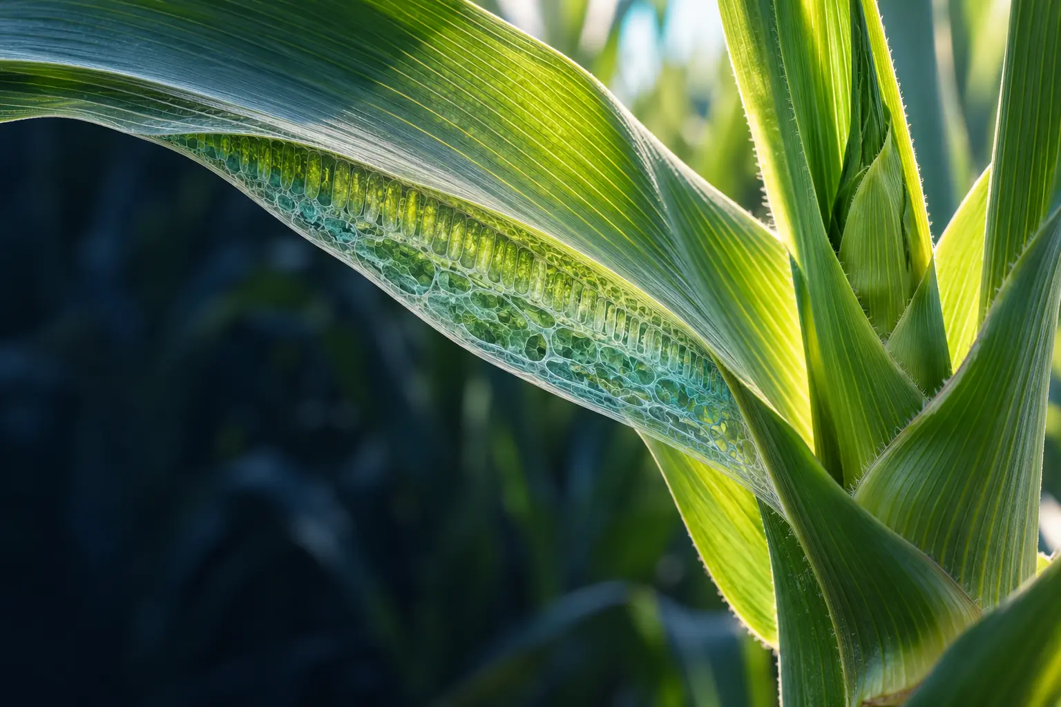 Developing maize leaves with visible parallel venation and plant tissue