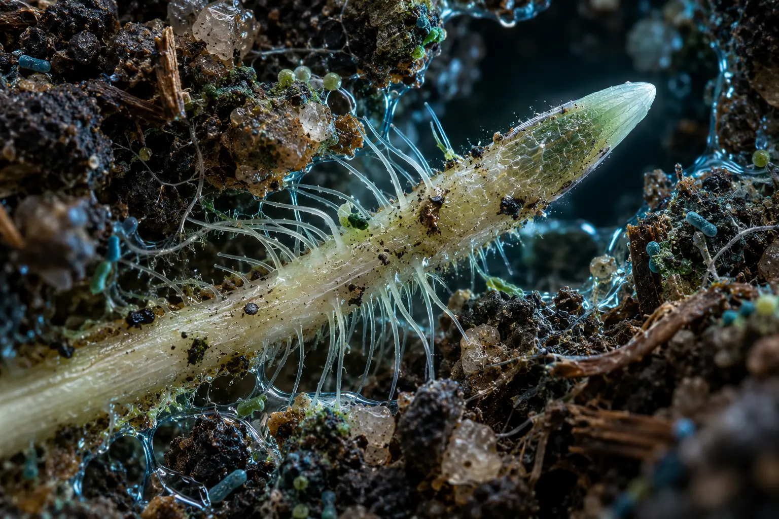 Crop root, fine root hairs and water films in the rhizosphere