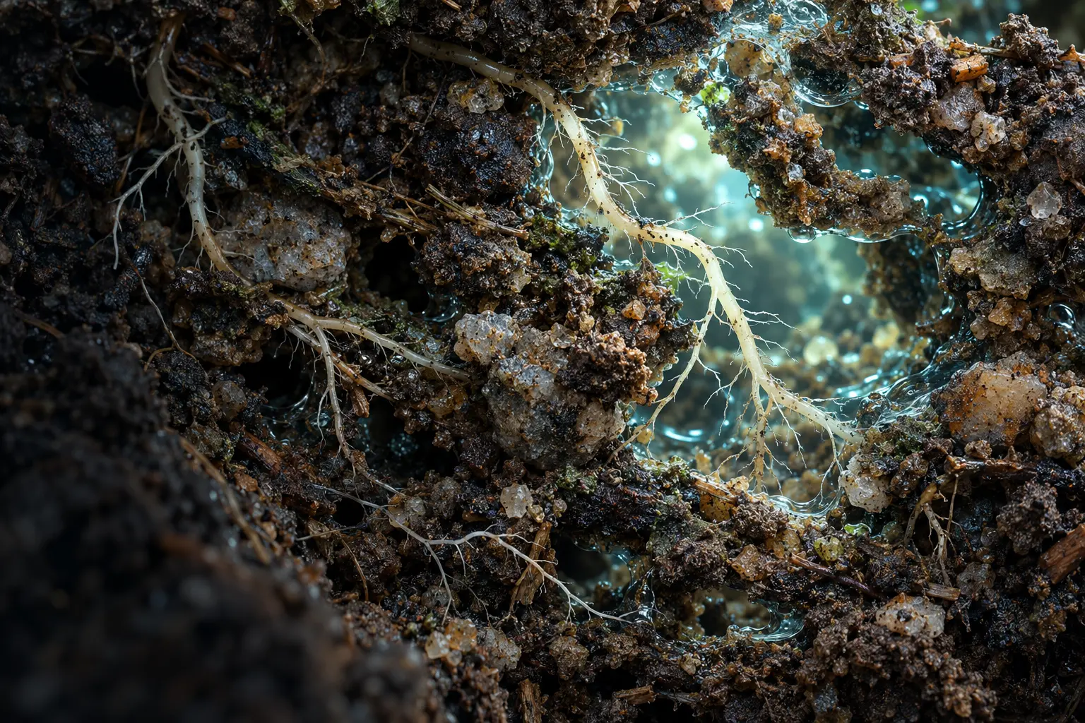 Structured agricultural soil with aggregates, pore spaces and fine roots
