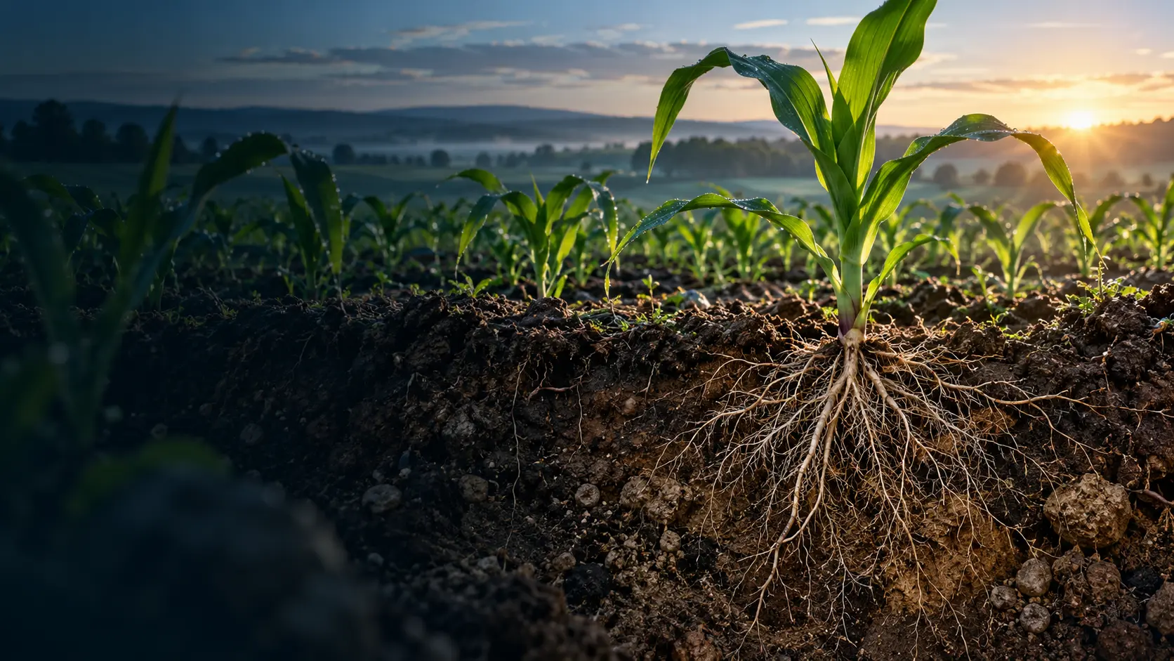 Young maize crop continuing below the surface into a visible fibrous root system