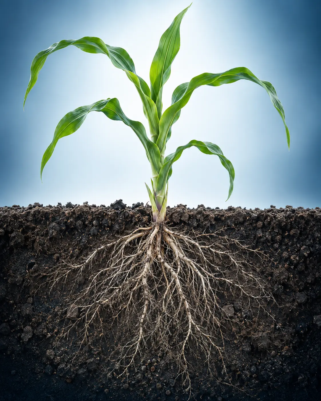 Maize crop shown continuously from fibrous roots and soil to the above-ground plant